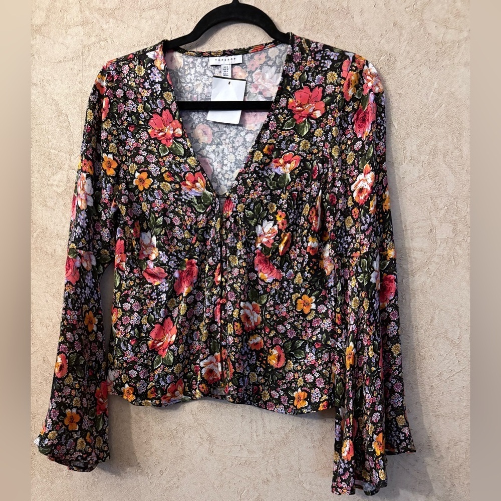 TOPSHOP Floral Button Front Bell Sleeve Top
